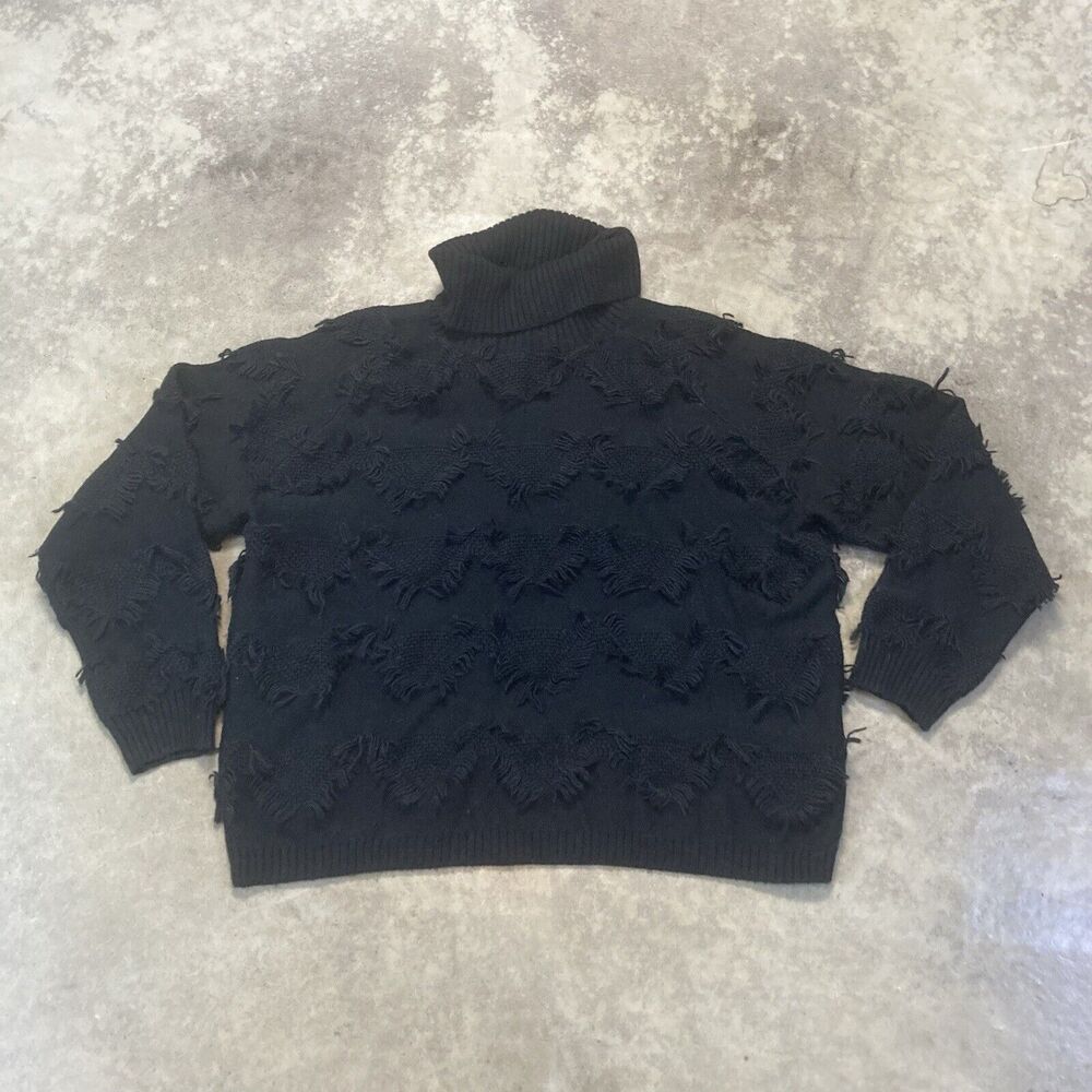 Vince Camuto Sweater Womens XL Black Fringe Turtleneck Wool Alpaca Blend